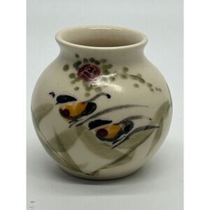Vintage Small Pottery Vase w/ Bird Theme On Branches Signed 2 1/2" T